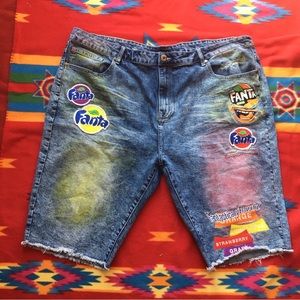 Staple FANTA Patched Stone Wash Raw Hem  Denim Shorts Men 44 Hip Hop Street Wear